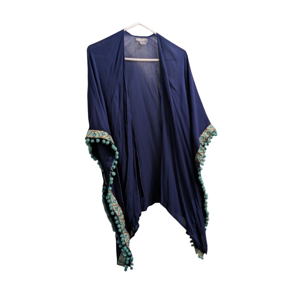 Accessory St Navy Blue Cover Up W/ Embroidered Sleeves & Pom Poms OS
